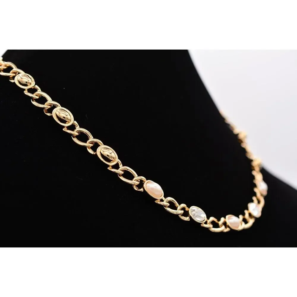 Vintage Collar Necklace Gold Rhinestone Crystal Faux Pearl Chain Heavy Y2K 9J